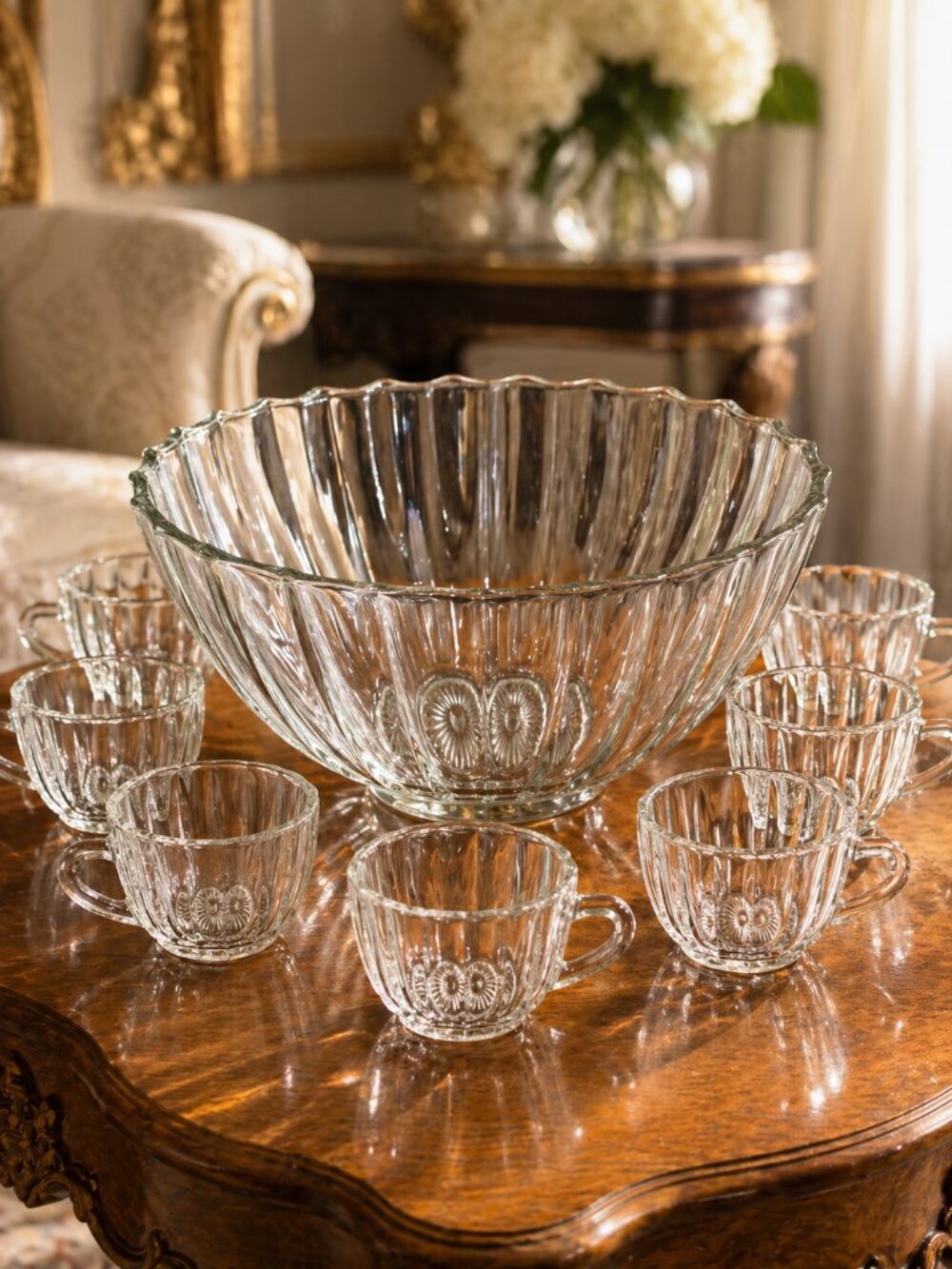 Vintage Clear Glass Punch Bowl Set w/ 10 Cups Fluted Ribbed Starburst Mid Centur - Picture 2 of 12